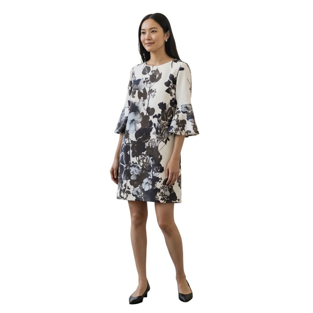 Caroline Rose $498 Bella Black and White Luxurious Mini Floral Dress Size M